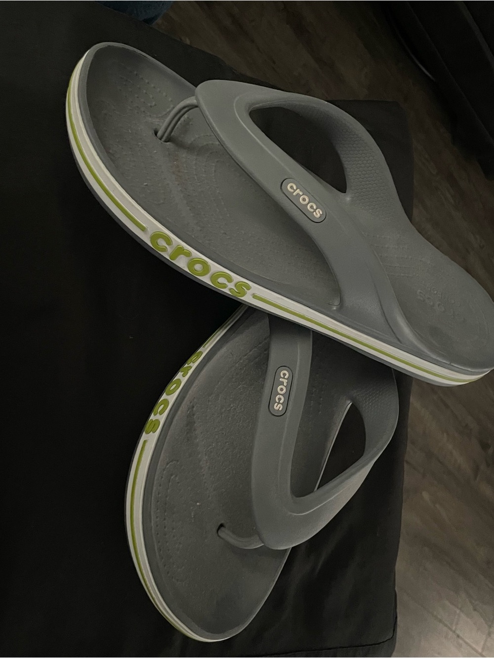 CROCS Women’s Gray Flip Sandals with Lime Stripe Detail